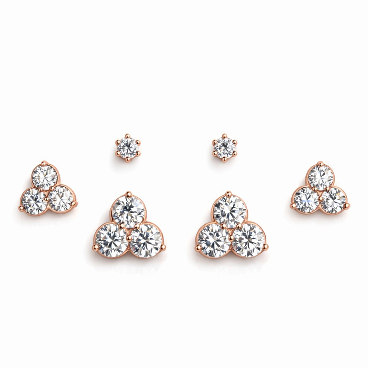 925 Sterling Silver Rose Gold Cluster Earrings Set | 3 Pair CZ Stud Trio