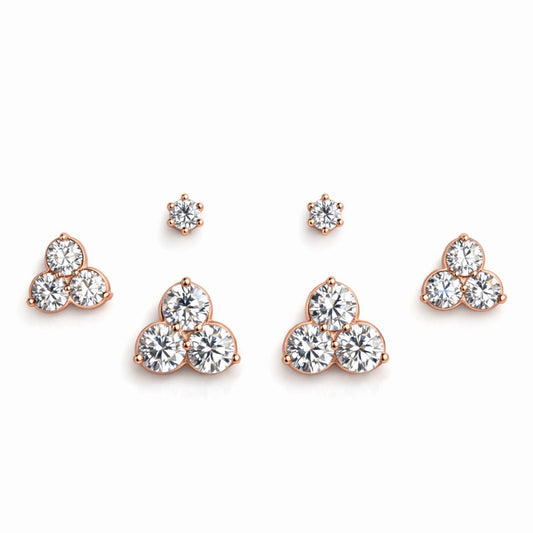 925 Sterling Silver Rose Gold Cluster Earrings Set | 3 Pair CZ Stud Trio