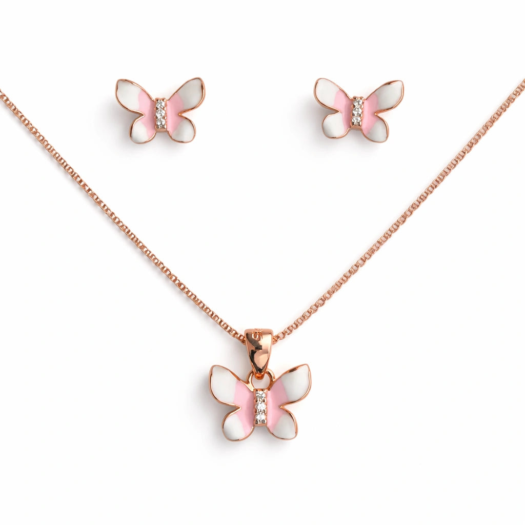 925 Sterling Silver Rose Gold Plated Butterfly Pendant Set with Pink Enamel – Necklace & Earrings