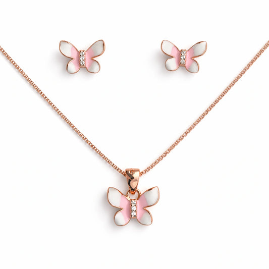 925 Sterling Silver Rose Gold Plated Butterfly Pendant Set with Pink Enamel – Necklace & Earrings