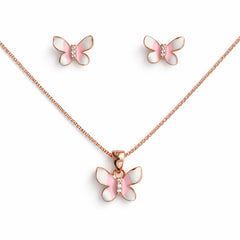 925 Sterling Silver Rose Gold Plated Butterfly Pendant Set with Pink Enamel – Necklace & Earrings