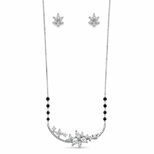 925 Sterling Silver Mangalsutra Necklace Set with Black Beads & CZ Floral Design