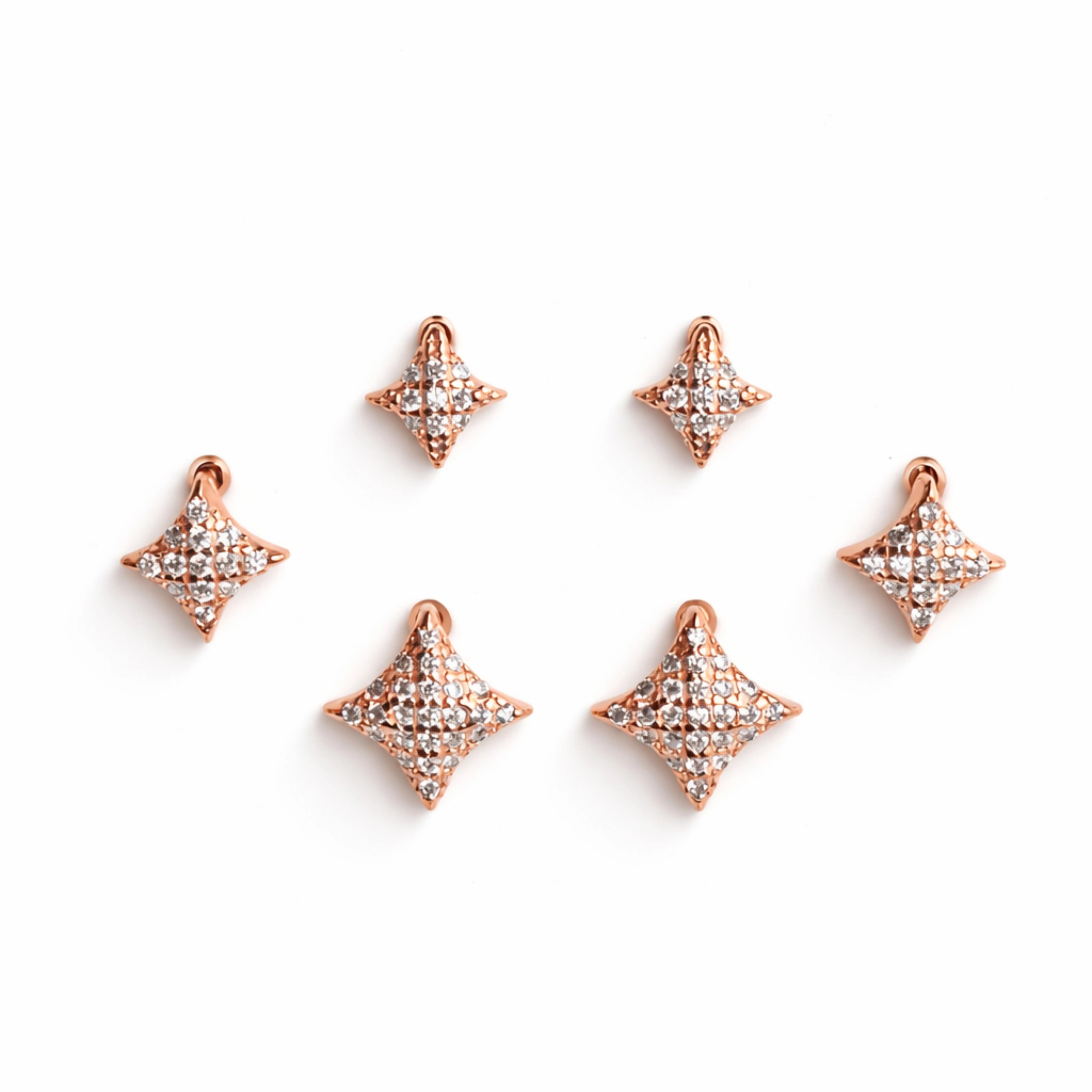 925 Sterling Silver Rose Gold Star Stud Earrings Set | 3 Pair CZ Diamond Shape Studs