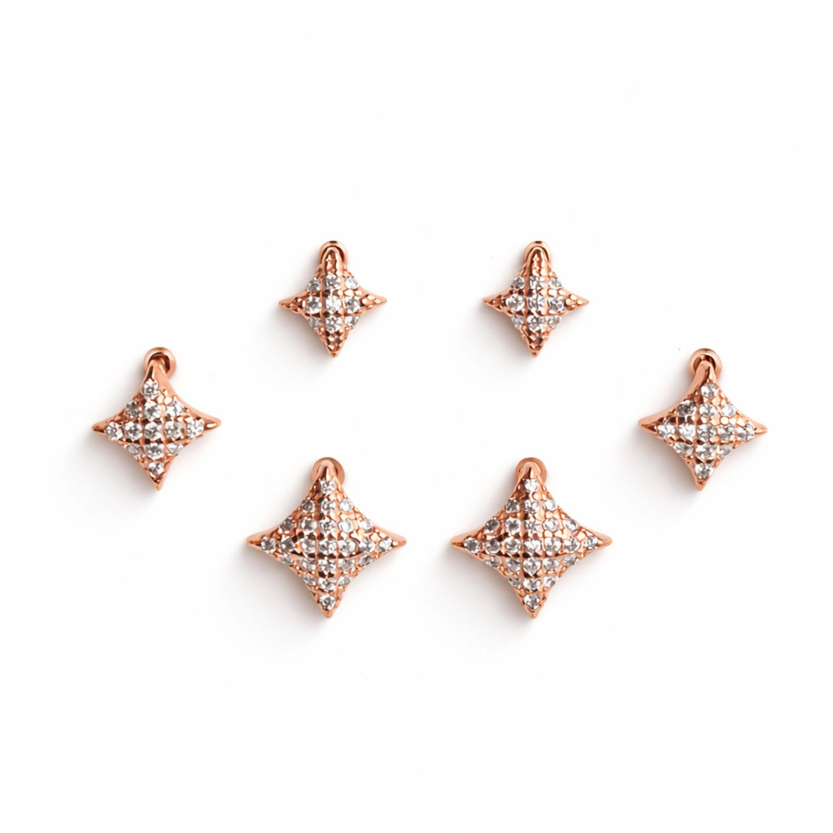 925 Sterling Silver Rose Gold Star Stud Earrings Set | 3 Pair CZ Diamond Shape Studs