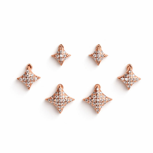 925 Sterling Silver Rose Gold Star Stud Earrings Set | 3 Pair CZ Diamond Shape Studs