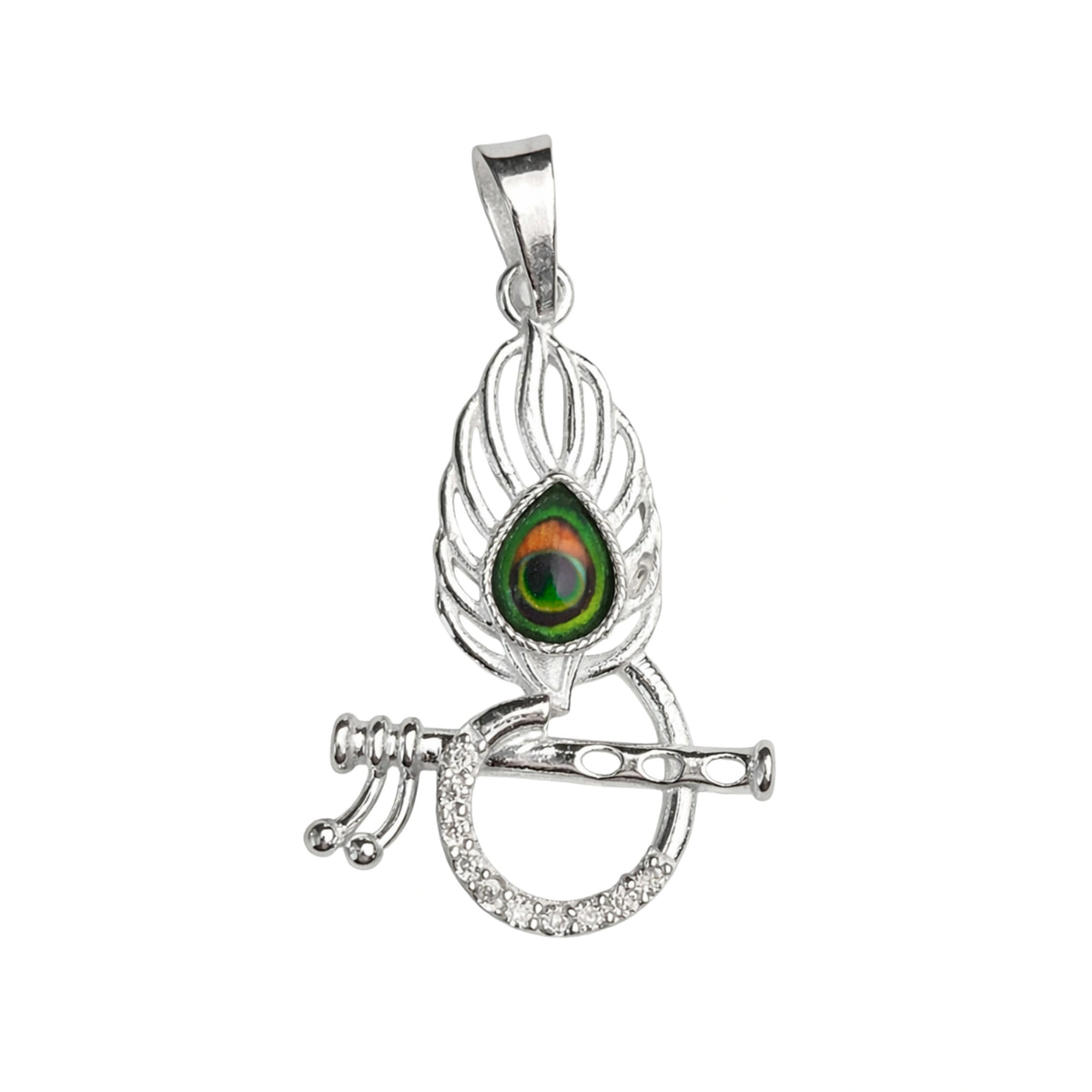 925 Sterling Silver Krishna Mor Pankh & Flute Pendant with Multicolor Peacock Stone