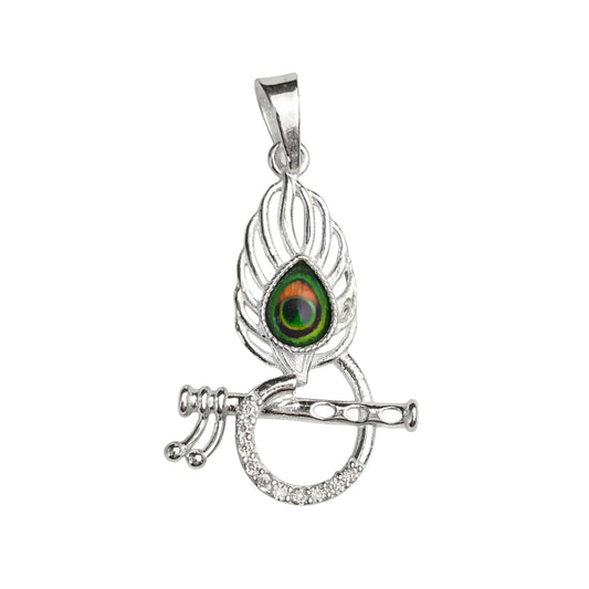 925 Sterling Silver Krishna Mor Pankh & Flute Pendant with Multicolor Peacock Stone