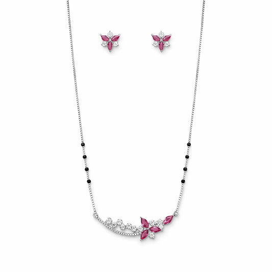 925 Sterling Silver Pink Stone Mangalsutra Necklace Set with Black Beads & Earrings