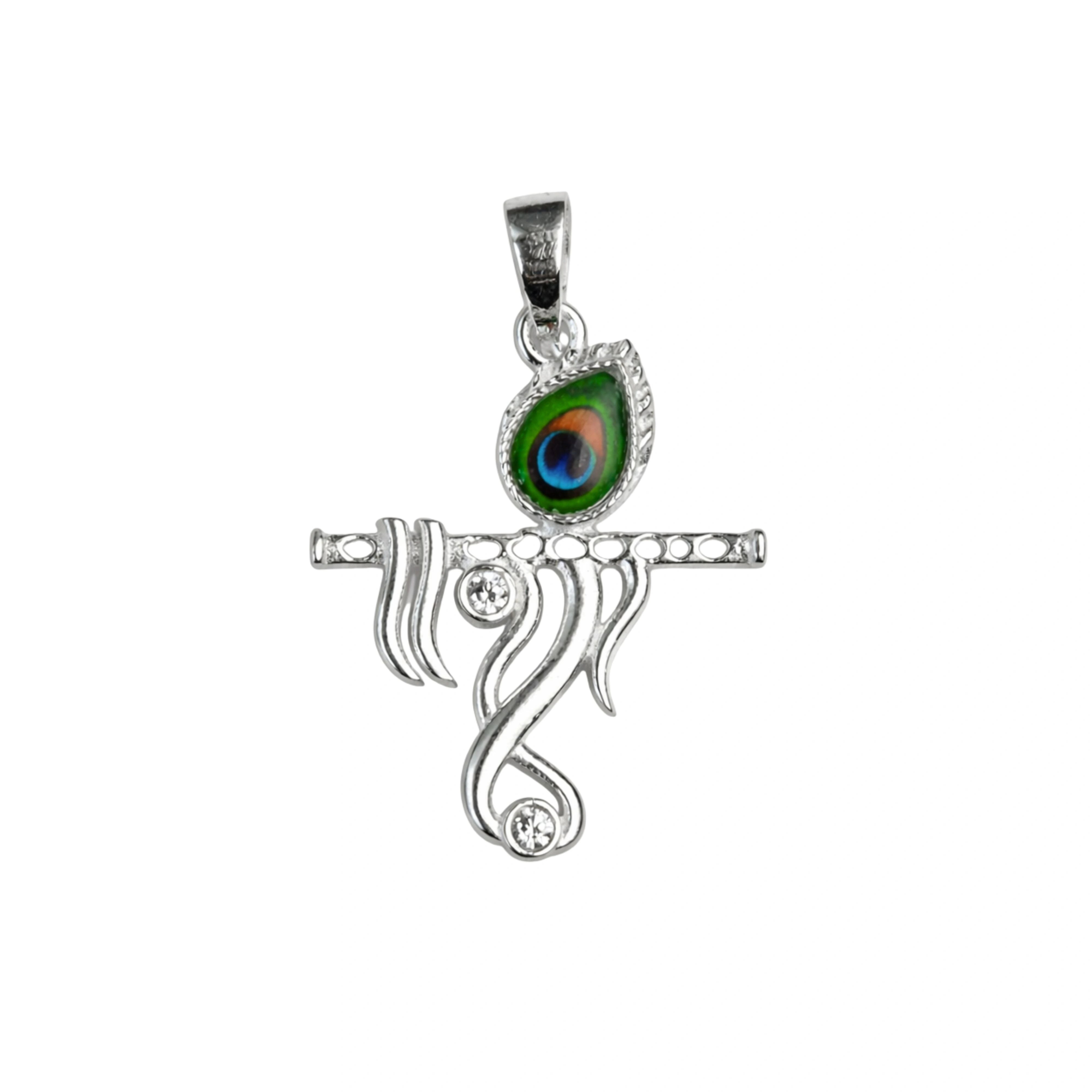 925 Sterling Silver Krishna Flute Pendant with Mor Pankh Peacock Stone Design