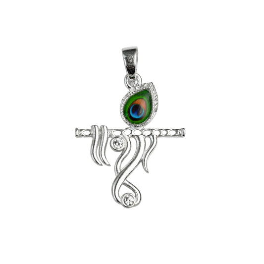 925 Sterling Silver Krishna Flute Pendant with Mor Pankh Peacock Stone Design