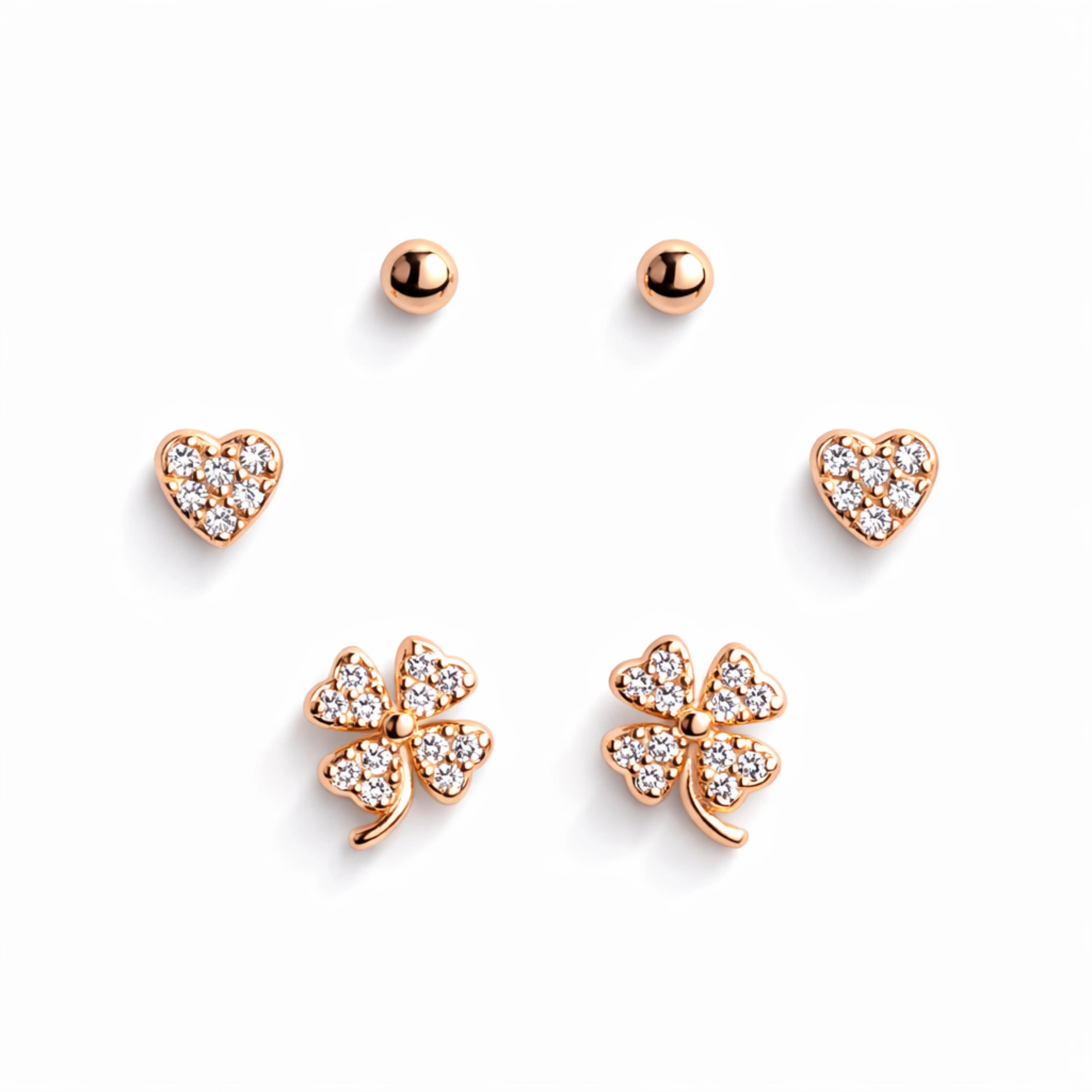925 Sterling Silver Rose Gold Clover Earrings Set | 3 Pair Heart & Stud CZ Earrings