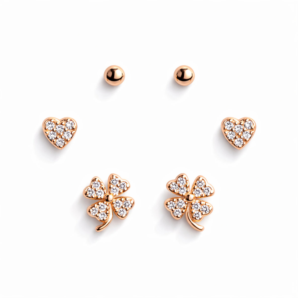 925 Sterling Silver Rose Gold Clover Earrings Set | 3 Pair Heart & Stud CZ Earrings