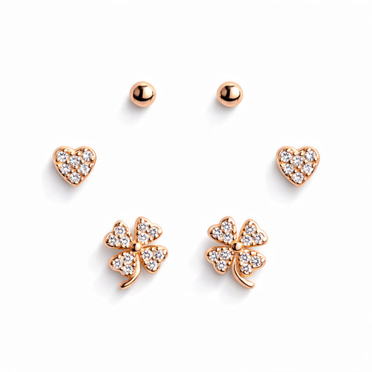 925 Sterling Silver Rose Gold Clover Earrings Set | 3 Pair Heart & Stud CZ Earrings