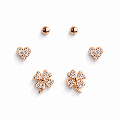 925 Sterling Silver Rose Gold Clover Earrings Set | 3 Pair Heart & Stud CZ Earrings
