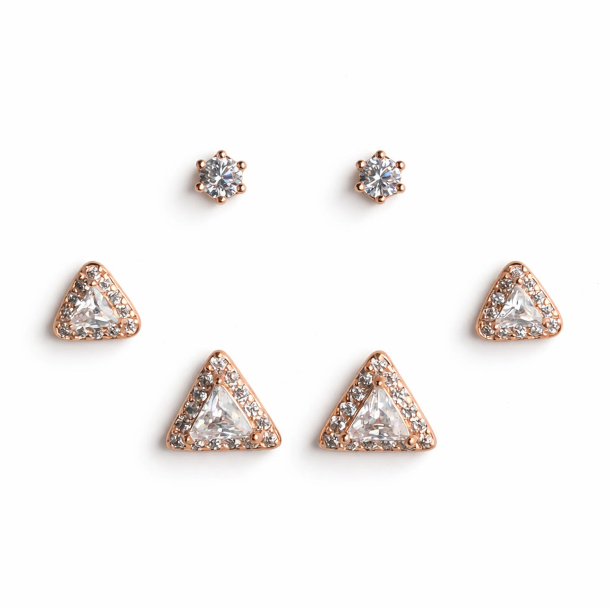 925 Sterling Silver Rose Gold Triangle Earrings Set | 3 Pair CZ Stud Earrings