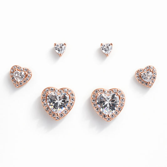925 Sterling Silver Rose Gold Triangle Earrings Set | 3 Pair CZ Stud Earrings