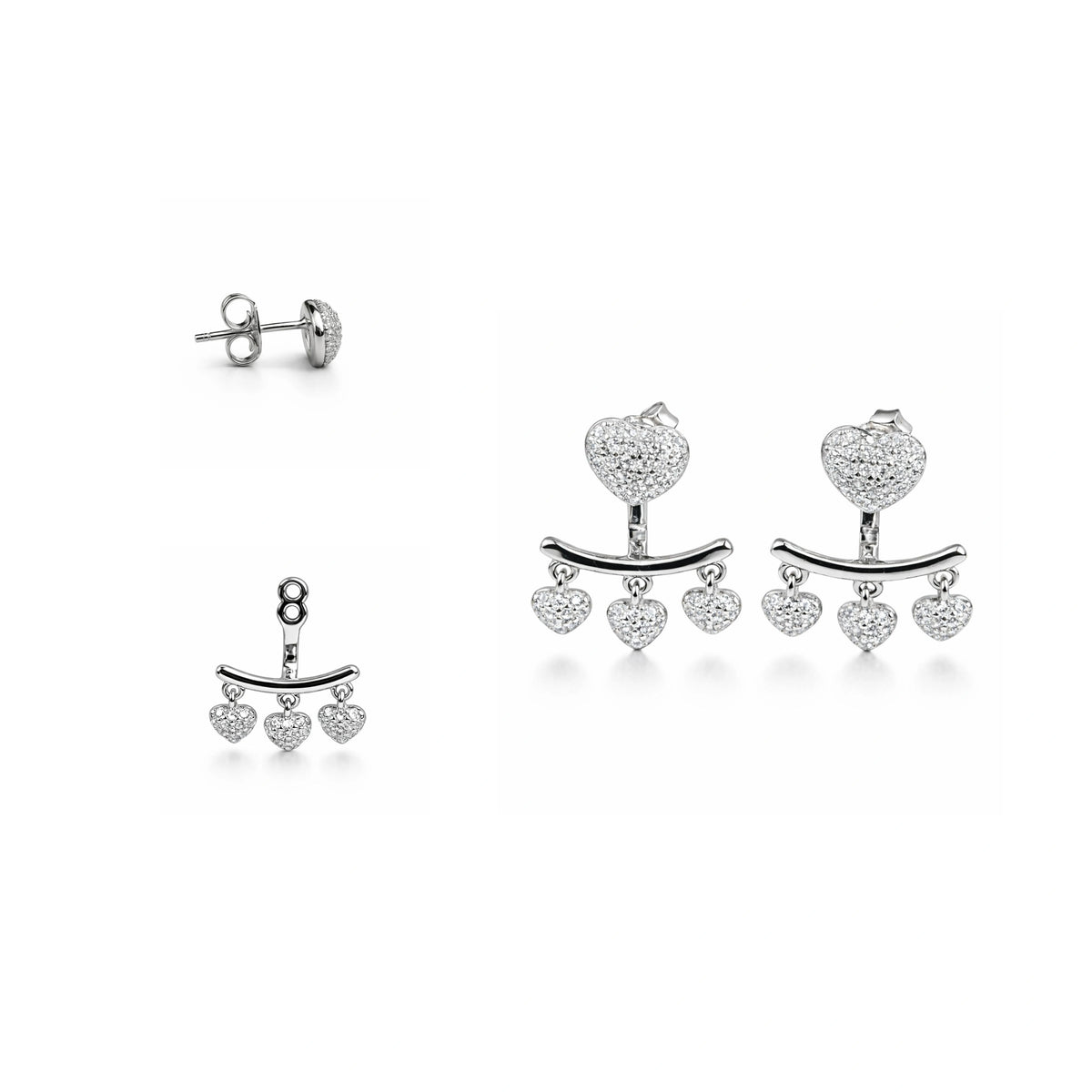 925 Sterling Silver Heart Dangle Stud Earrings with Cubic Zirconia