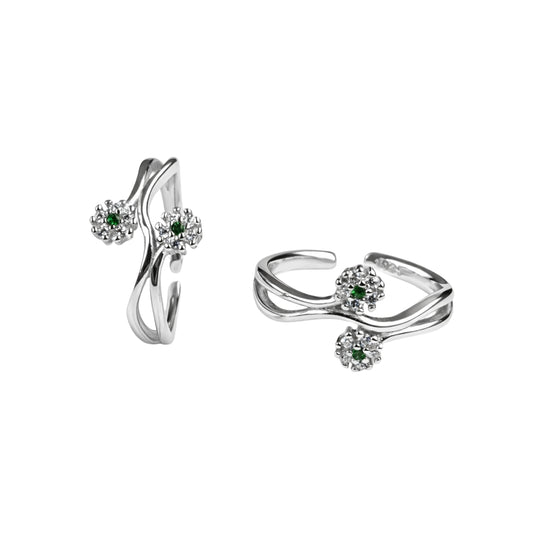 925 Sterling Silver Floral Adjustable Toe Ring with Green CZ