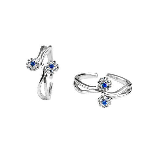 925 Sterling Silver Floral Adjustable Toe Ring with Blue CZ