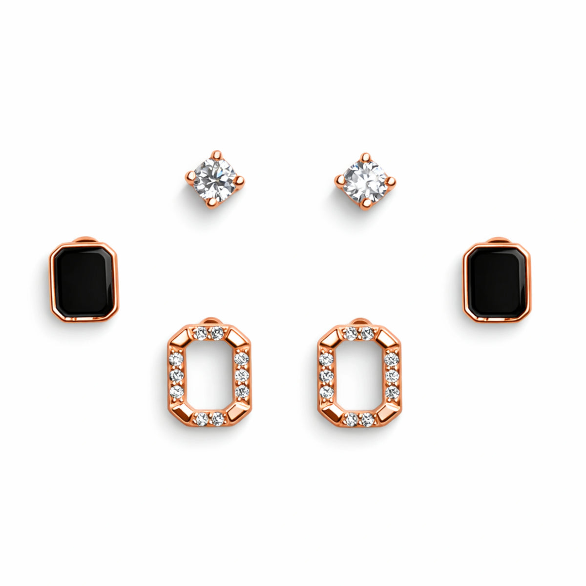 925 Sterling Silver Rose Gold Geometric Earrings Set | Black Stone & CZ Studs