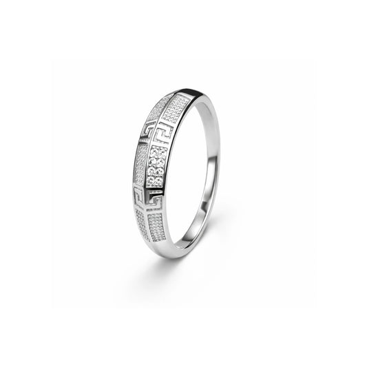 925 Sterling Silver Greek Key Pattern CZ Band Ring