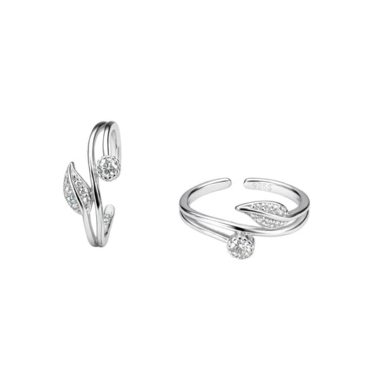 925 Sterling Silver Leaf Adjustable Toe Ring with White CZ