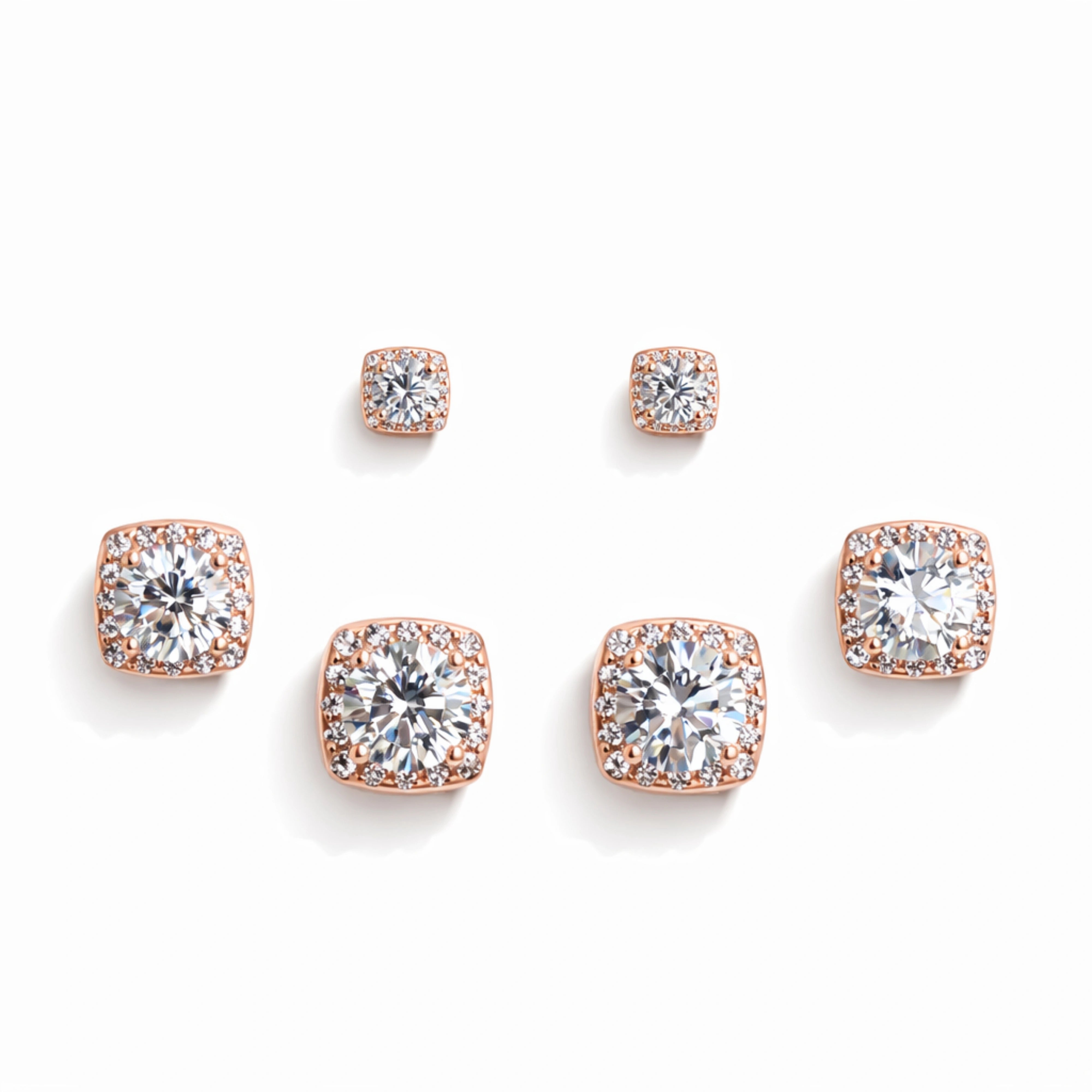 925 Sterling Silver Rose Gold Square Halo Earrings Set | CZ Stud Trio
