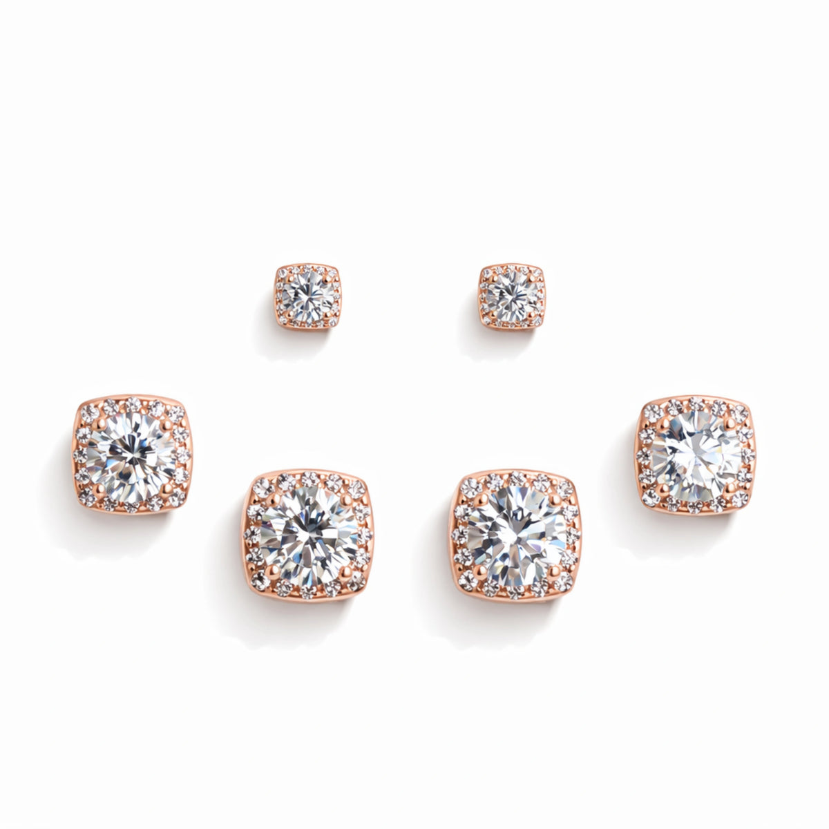 925 Sterling Silver Rose Gold Square Halo Earrings Set | CZ Stud Trio