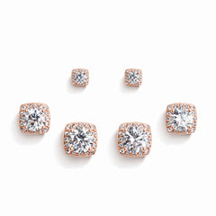 925 Sterling Silver Rose Gold Square Halo Earrings Set | CZ Stud Trio