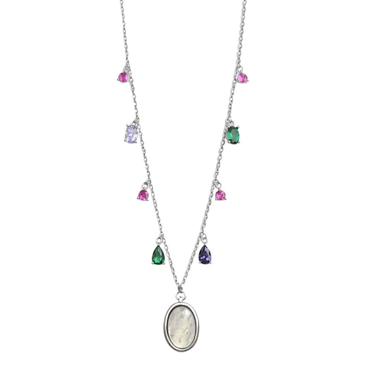 925 Sterling Silver Multi Color Gemstone Charm Necklace