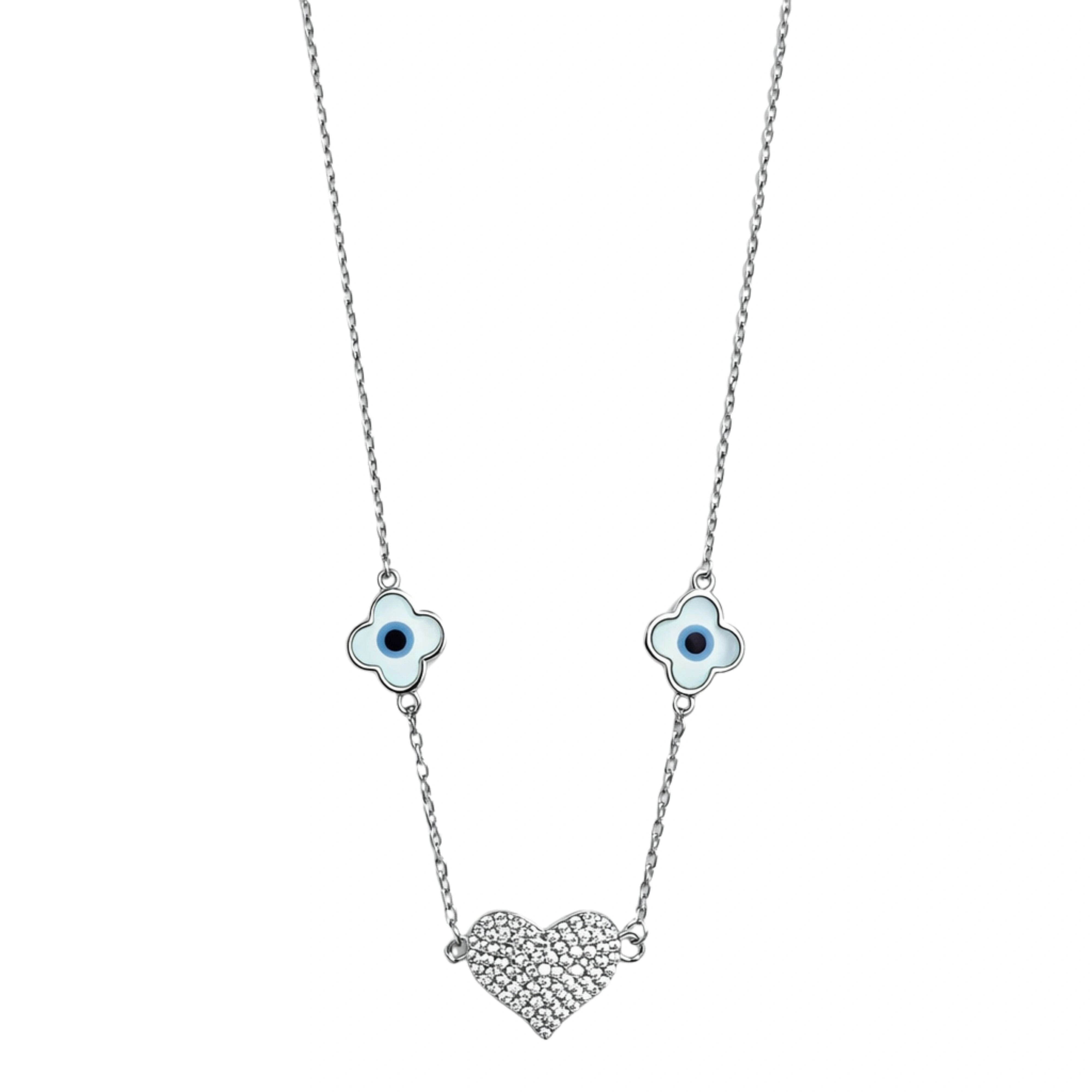 925 Sterling Silver Evil Eye Clover Heart Necklace