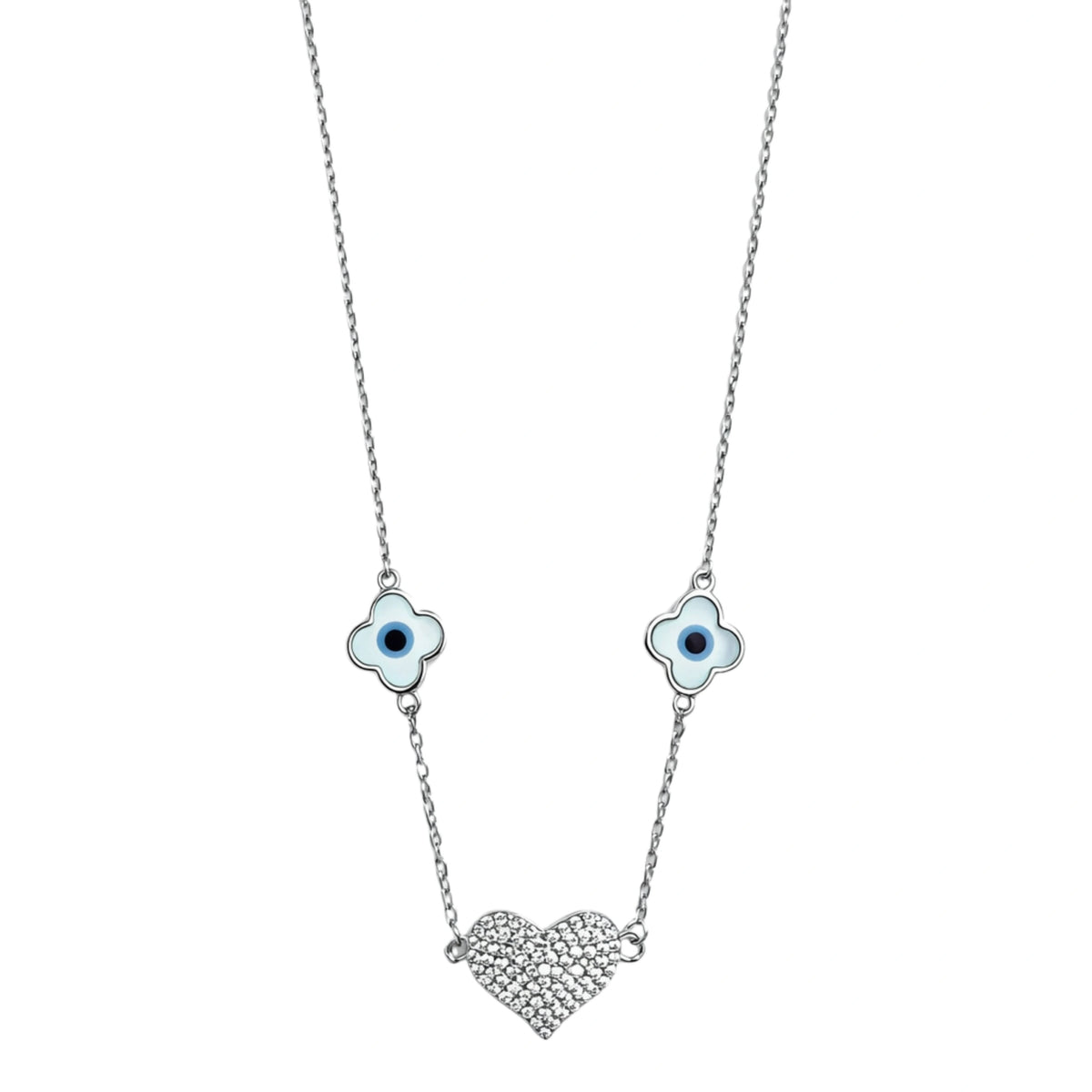 925 Sterling Silver Evil Eye Clover Heart Necklace