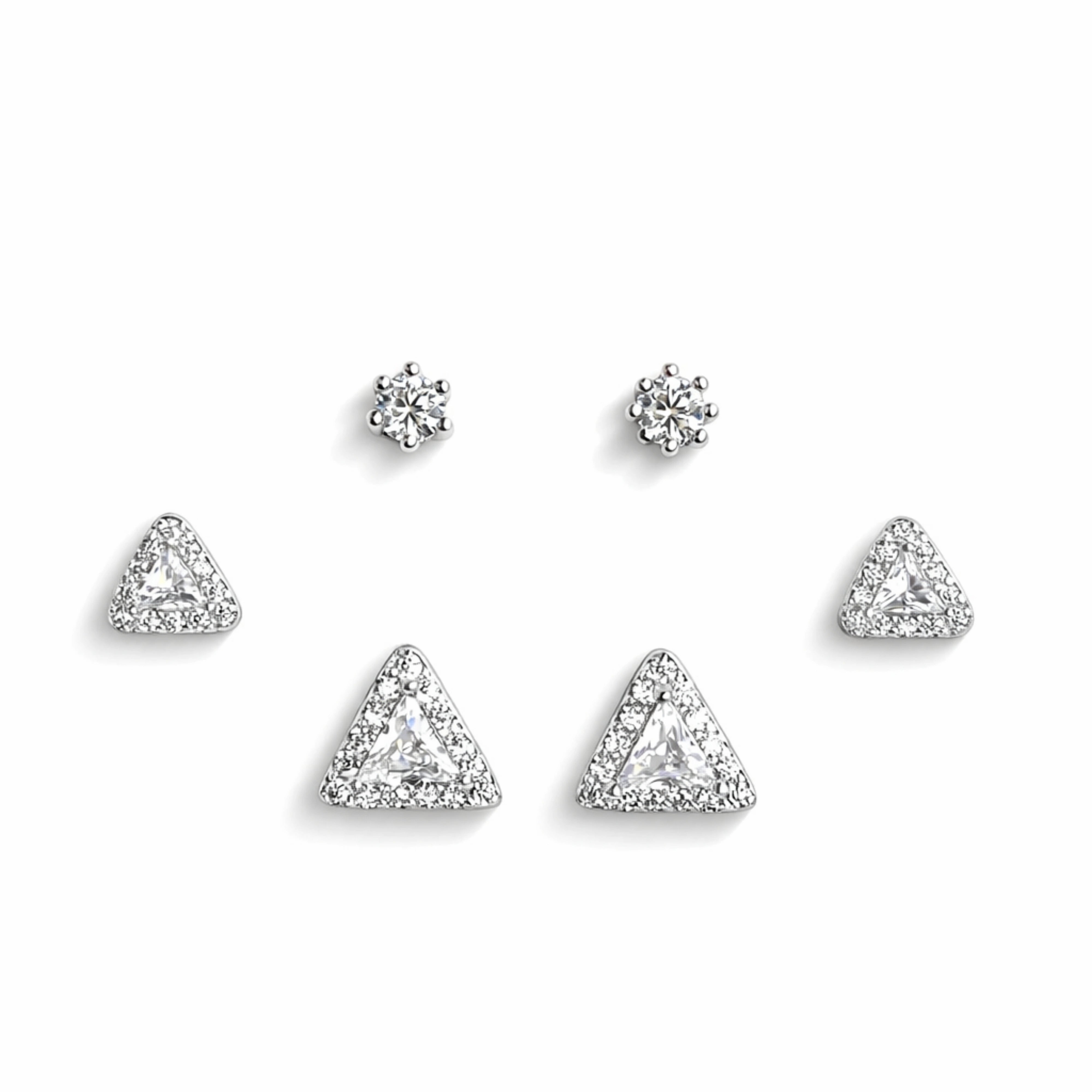 925 Sterling Silver 3 Pair Stud Earrings Set | Triangle & Round CZ Studs