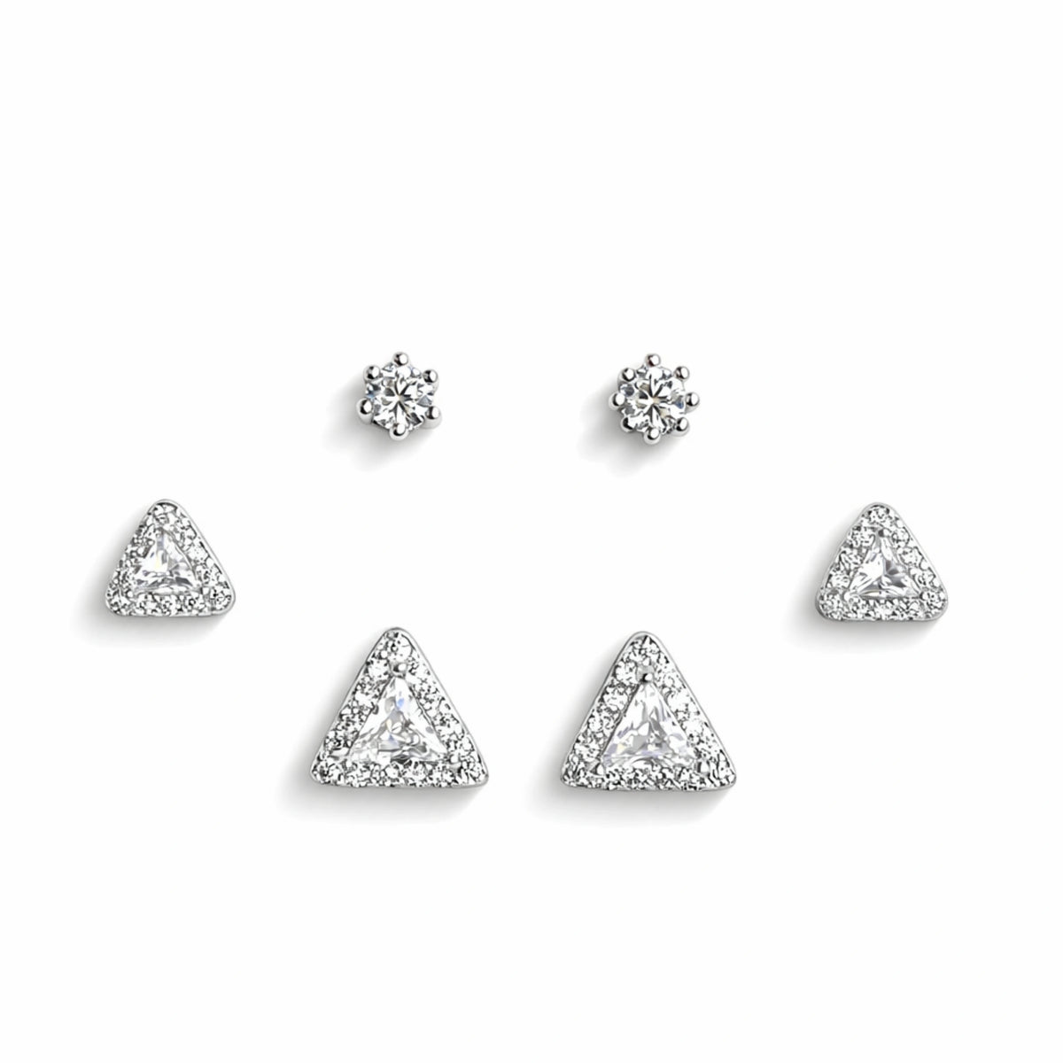 925 Sterling Silver 3 Pair Stud Earrings Set | Triangle & Round CZ Studs