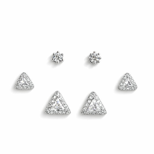 925 Sterling Silver 3 Pair Stud Earrings Set | Triangle & Round CZ Studs