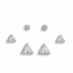 925 Sterling Silver 3 Pair Stud Earrings Set | Triangle & Round CZ Studs
