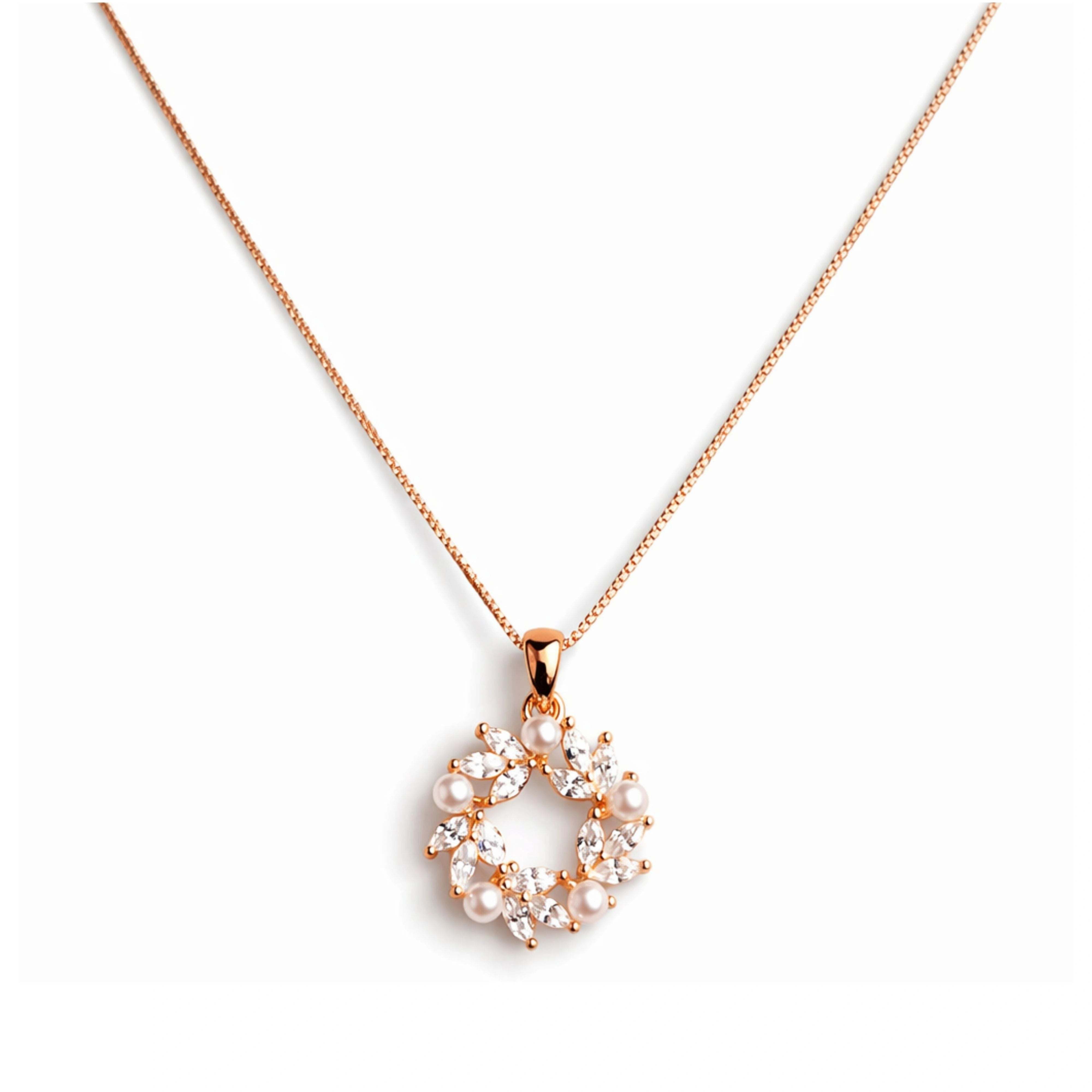 925 Silver Rose Gold Pearl & Marquise Stone Wreath Pendant Necklace