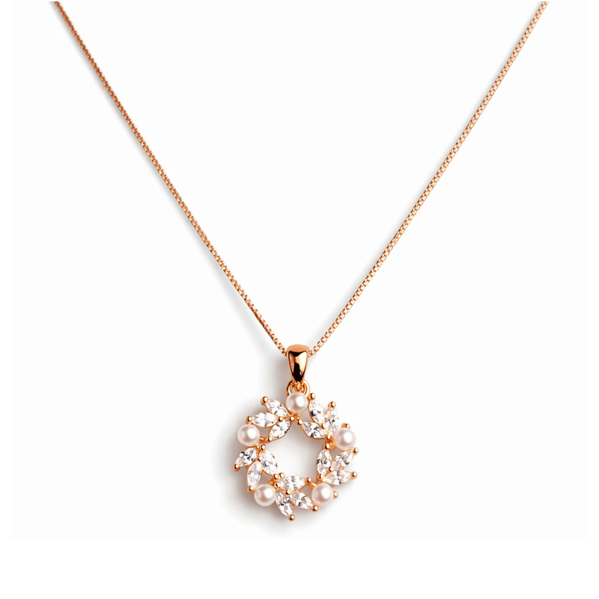 925 Silver Rose Gold Pearl & Marquise Stone Wreath Pendant Necklace
