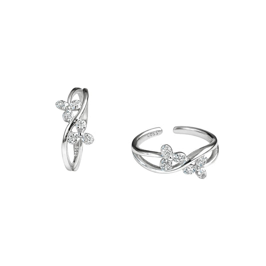 925 Sterling Silver Floral CZ Adjustable Toe Ring