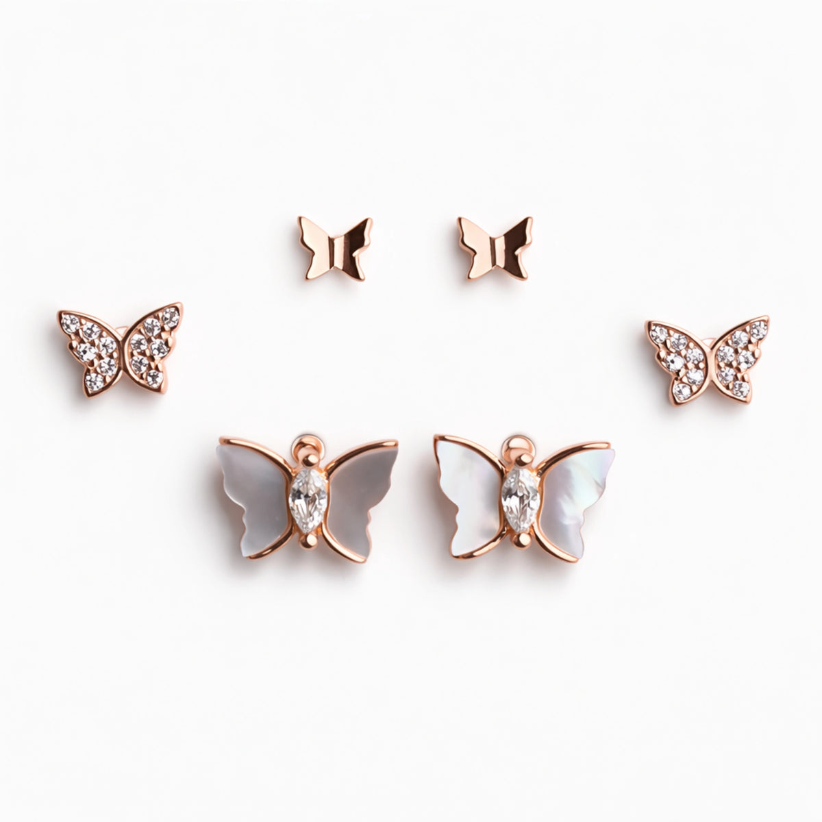 925 Sterling Silver Rose Gold Butterfly Earrings Set | Mother of Pearl & CZ Studs