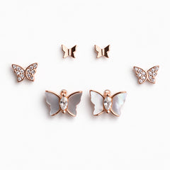 925 Sterling Silver Rose Gold Butterfly Earrings Set | Mother of Pearl & CZ Studs