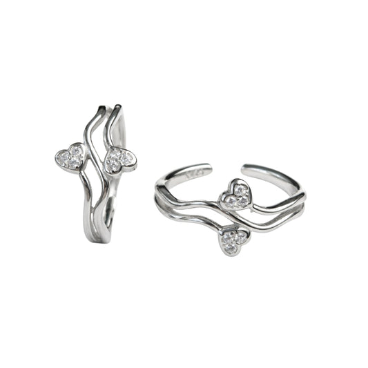 925 Sterling Silver Double Heart CZ Adjustable Toe Ring