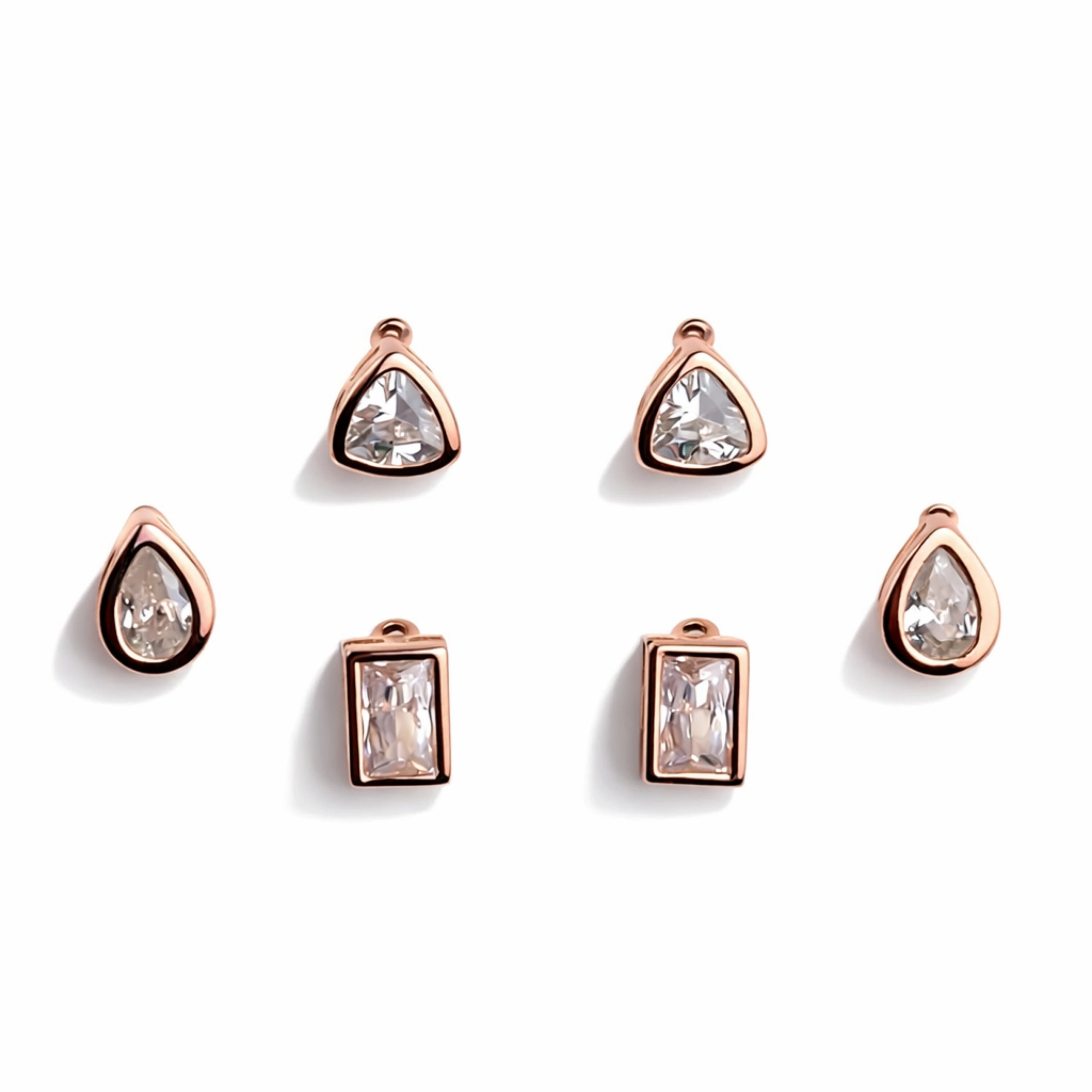 925 Sterling Silver Rose Gold Geometric Earrings Set | Triangle, Rectangle & Teardrop CZ Studs