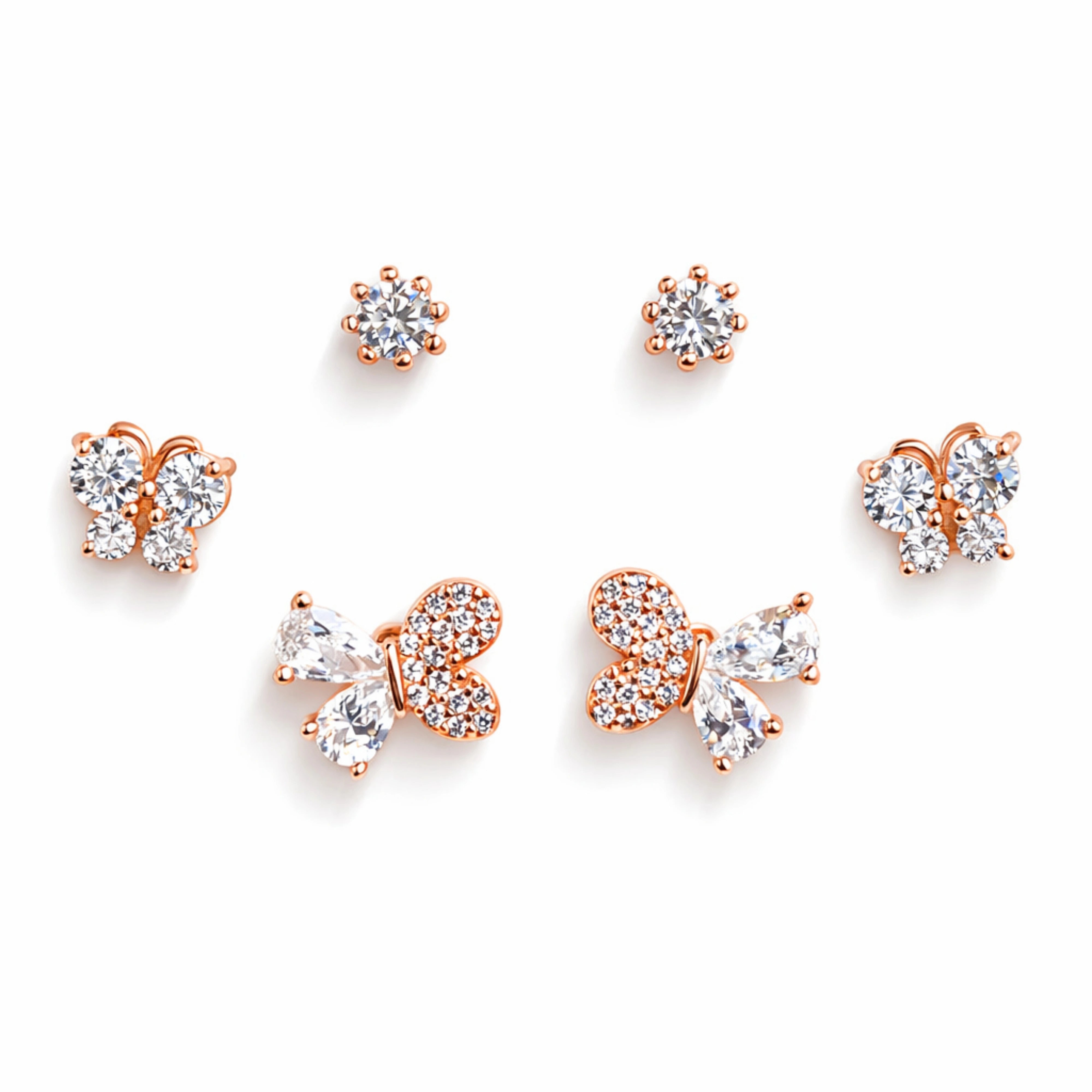 925 Sterling Silver Rose Gold Butterfly Earrings Set | CZ Floral Stud Combo