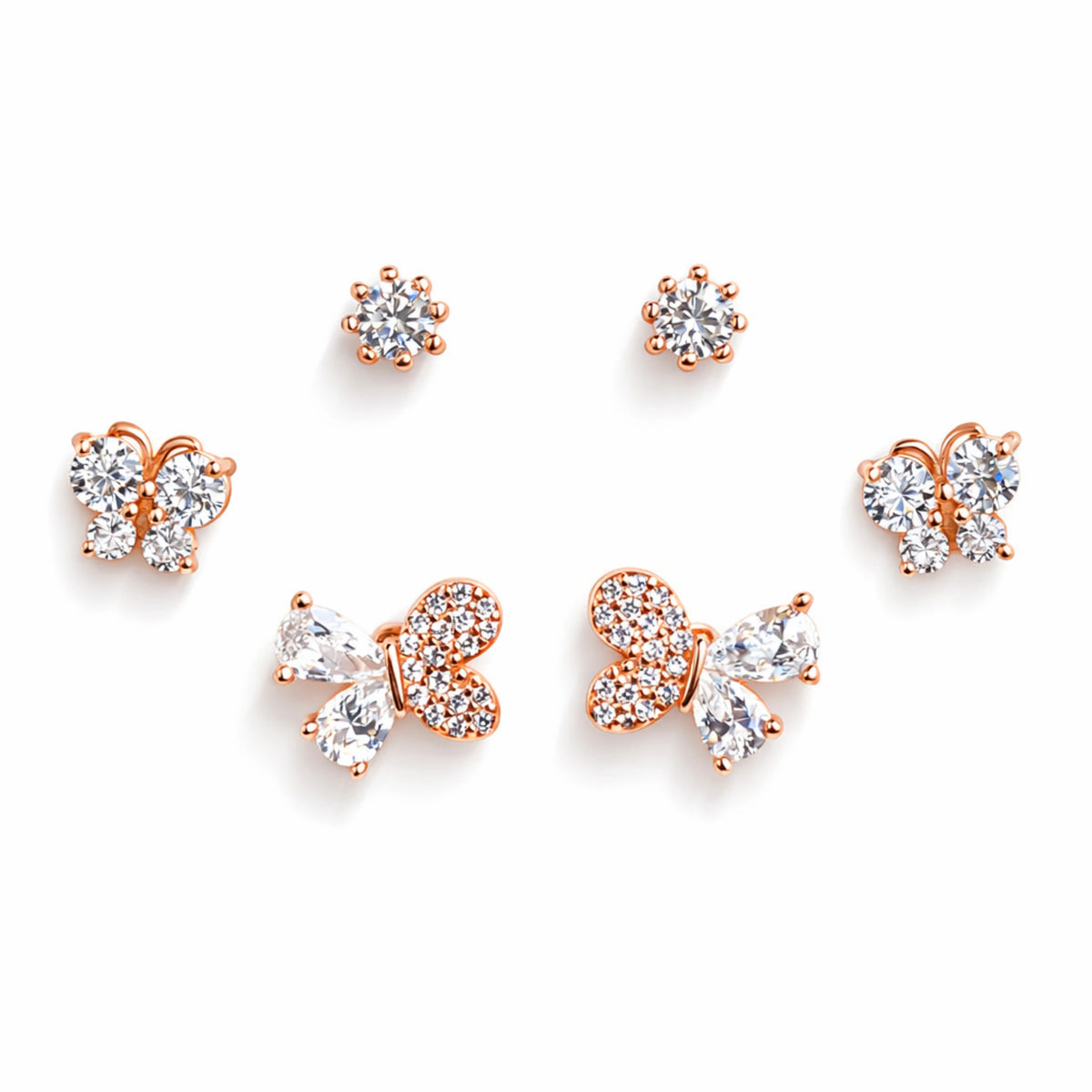 925 Sterling Silver Rose Gold Butterfly Earrings Set | CZ Floral Stud Combo