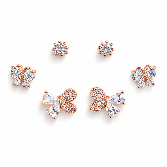 925 Sterling Silver Rose Gold Butterfly Earrings Set | CZ Floral Stud Combo