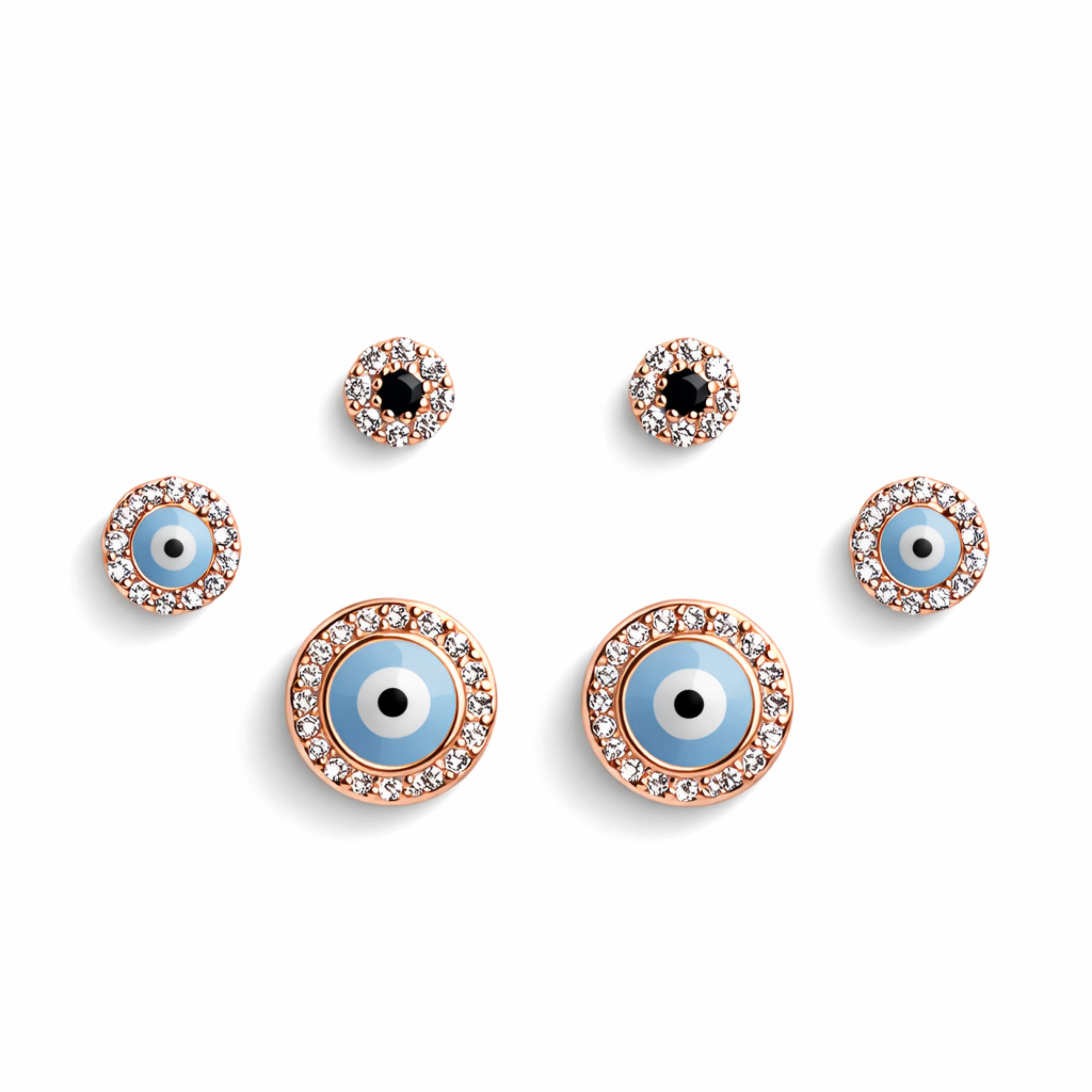 925 Sterling Silver Rose Gold Evil Eye Earrings Set | CZ Protection Stud Combo