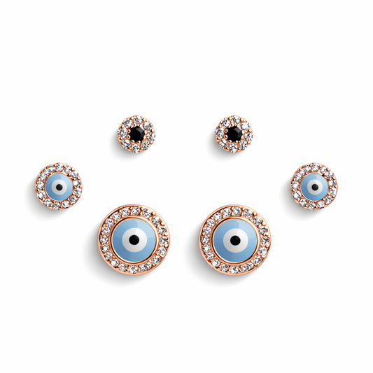 925 Sterling Silver Rose Gold Evil Eye Earrings Set | CZ Protection Stud Combo