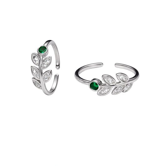 925 Sterling Silver Leaf Design Adjustable Toe Ring with Green Stone