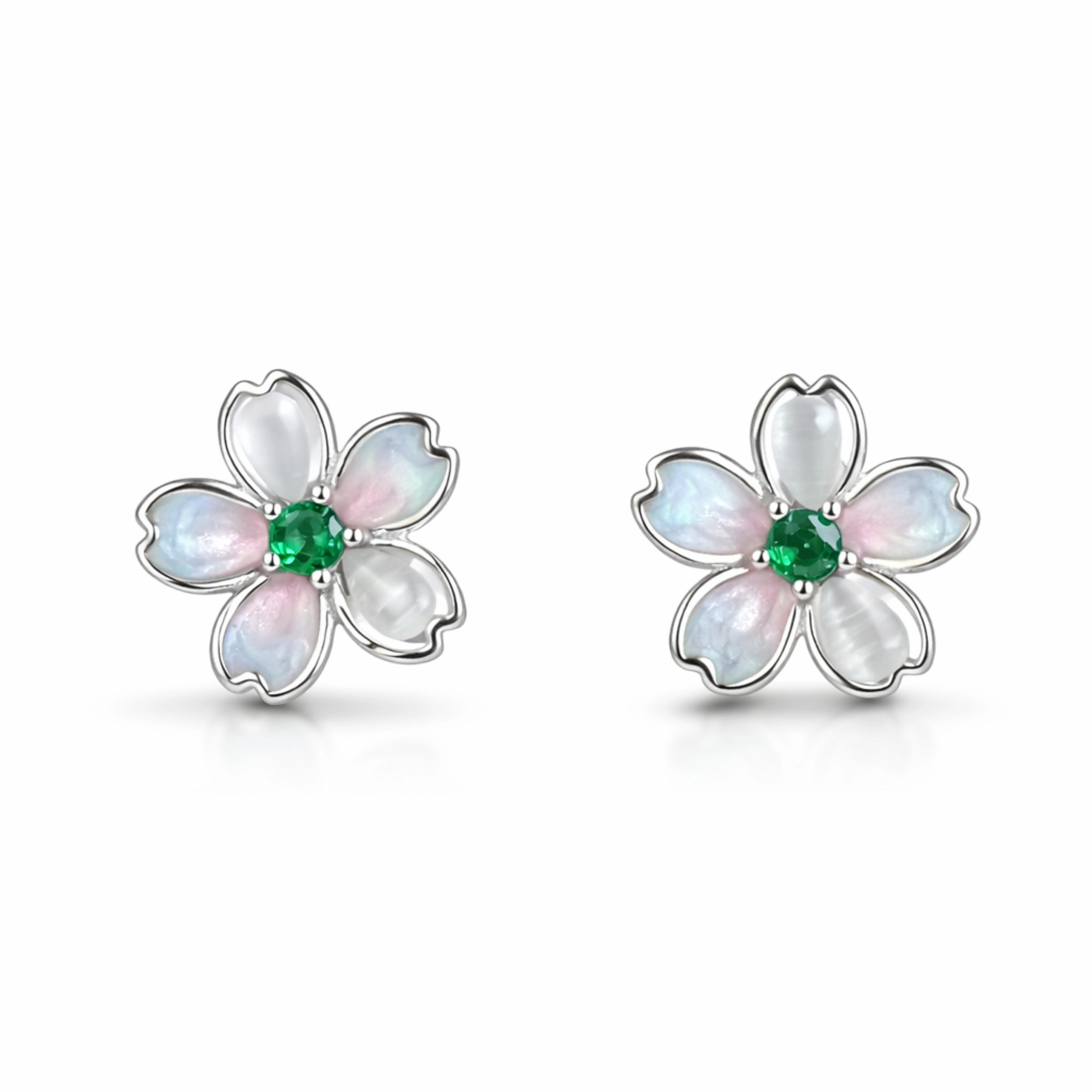 925 Sterling Silver Flower Stud Earrings with Green Stone